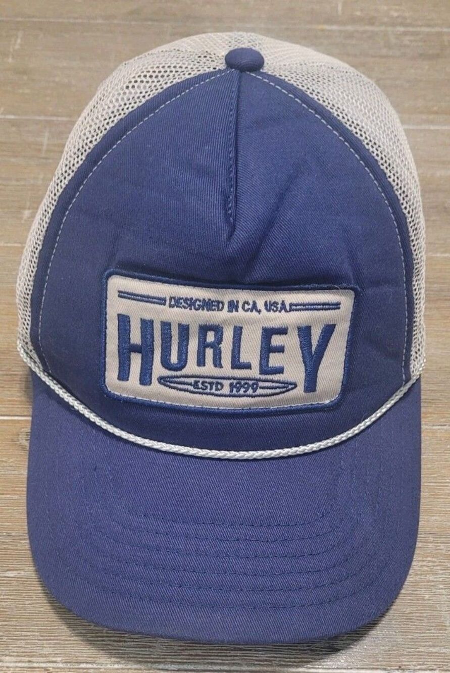 Hurley Patch Hat Navy Blue Beige - White Rope Trucker Snapback Cap